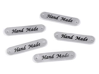 Nášivka / štítek z eko kůže Hand Made 10x48 mm - 50 ks - 4 stříbrná metalic