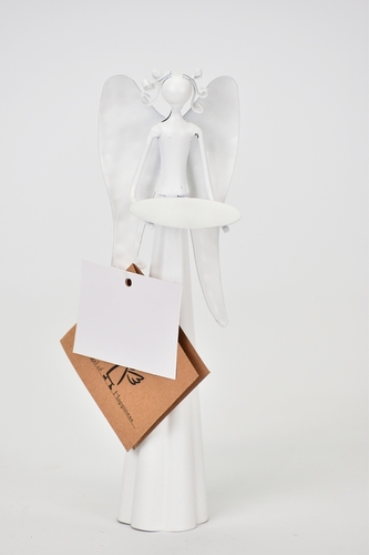 Plechový bílý anděl s kalíškem na svíčku 16,5 cm, balení 5 ks