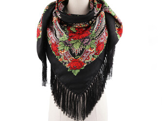 Šátek folklór květy s třásněmi 105x105 cm - 1 ks - 7 černá