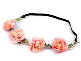 Pružná čelenka do vlasů s květy - 1 ks - 9 (Ø3,5 cm) pudrovo-lososová