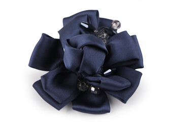 Brož saténový květ s broušenými kamínky Ø7 cm - 6 ks - 3 modrá tmavá