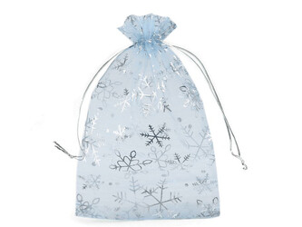 Vánoční dárkový pytlík vločky 13x18 cm organza - 10 ks - 5 modrá ledová stříbrná