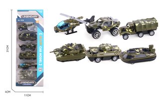 Sada 6 ks vojenských vozidel, kov; 31x11x4cm,,
