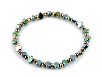 Náramek pružný hematitový - 1 ks - 4 zelená sv. zlatá