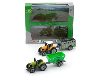 Sada 2 kovových traktorů se zemědělskou technikou; 24,5x21x5,5cm,