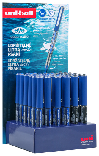 UNI displej Eye OCEAN CARE 36 ks (0,7 mm), papírový, plný, otevřený, náplň: 24 x modrá, 12 x černá - 0,7 mm, Š 14 V 21 H 6 cm