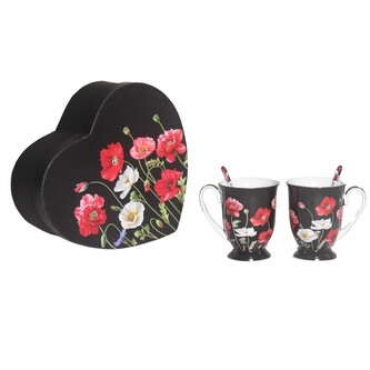 HOME ELEMENTS Sada dvou šálků 280 ml se lžičkami, Máky černé