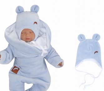 Z&Z Velurová čepice na zavazování s oušky, modrá, 80/86; 80/86 (12-18m)