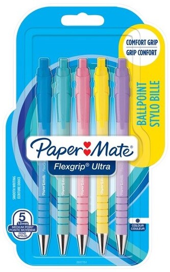Długopis Flexgrip Ultra pstryk. Med. pastel 5szt. wkład niebieski, Paper Mate