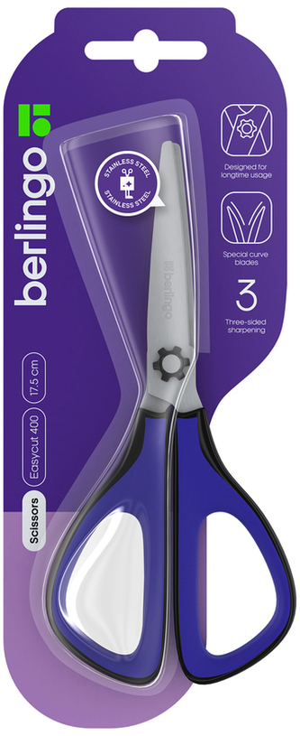 Nożyczki soft grip Easycut 400 3D, 17.5 cm niebieskie, Berlingo