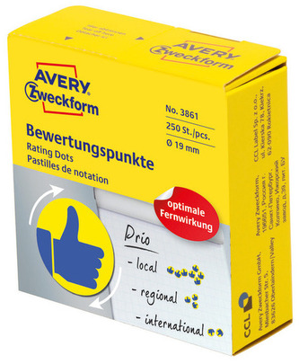 Etykiety kółka z do zaznaczania Kciuk, trwałe, 250 szt. rolka, 19 mm, żółto-niebiskie, Avery