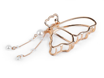 Skřipec do vlasů kovový s perlovým přívěskem - 1 ks - 4 zlatá motýl