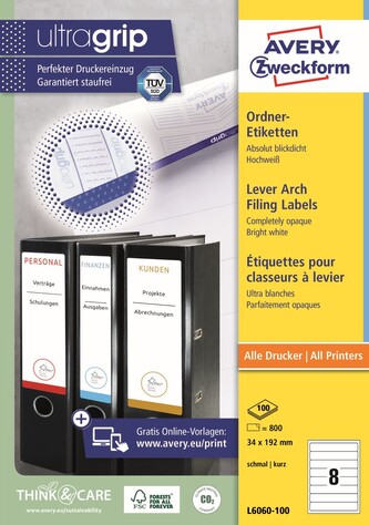 Etykiety 192 x 34 mm na segregator białe 8 x 100 ark. A4, Avery