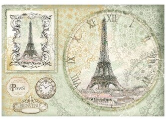 Papier ryżowy 48x33cm zegar, Wieża Eiffla, Stamperia