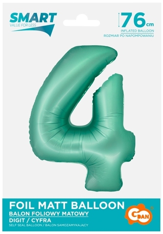 Balon foliowy Smart, Cyfra 4, miętowa matowa, 76 cm, GoDan