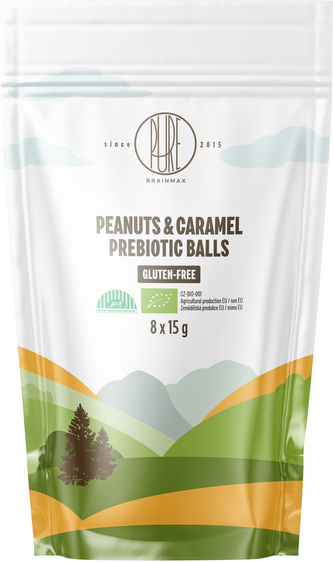 BrainMax Pure Prebiotic Balls Peanuts and Caramel, Prebiotické kuličky, Arašídy a karamel, BIO, 8 ks