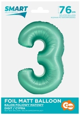 Balon foliowy Smart, Cyfra 3, miętowa matowa, 76 cm, GoDan