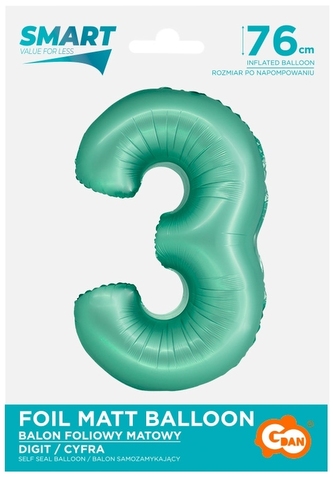 Balon foliowy Smart, Cyfra 3, miętowa matowa, 76 cm, GoDan
