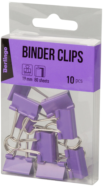 Klip do papieru 19mm, 80 arkuszy op. 10 szt. fioletowe, Berlingo