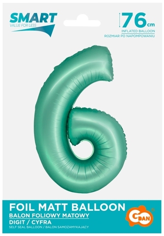 Balon foliowy Smart, Cyfra 6, miętowa matowa, 76 cm, GoDan