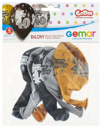 Balony Premium Happy Birthday 40, metaliczne, 12 / 6 szt., GoDan