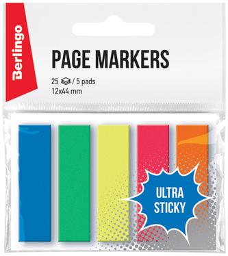 Zakładki indeksujące Ultra Lepki, PP, 44x12mm, 5x25k., zawieszka, 5 kolor., neon, Berlingo