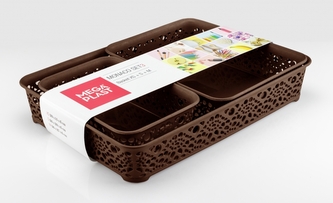 Mega Plast, Set košíky MONAKO XS + S + M, 6,5 x 36 x 27 cm, wenge