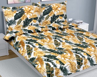 Povlečení bavlna na dvoudeku - Listy palmové zlatá, šedá, bílá - 200x200, 2ks 70x90 cm Povlečení bavlna na dvoudeku - Listy palmové zlatá, šedá, bílá - 200x200, 2ks 70x90 cm
