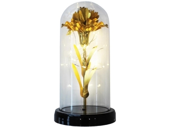 Dekorativní věčná růže ve skle se zlatým stonkem a LED osvětlením