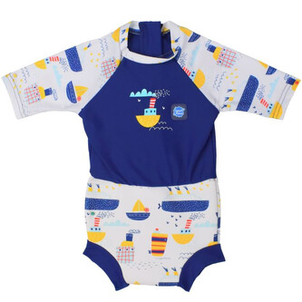 Splash About Plavky Happy Nappy kostýmek 3/4 rukáv Sunsuit Tug Boats Vel. XL (12-24 měs.)