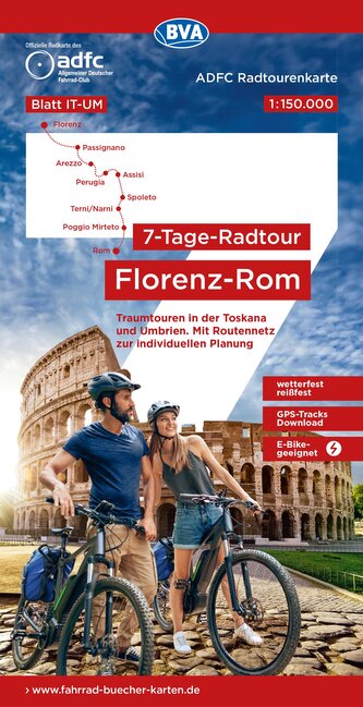 ADFC-Radtourenkarte IT-UM 7-Tage-Radtour Florenz-Rom, 1:150.000, reiß- und wetterfest, E-Bike geeignet, GPS-Tracks Download, mit