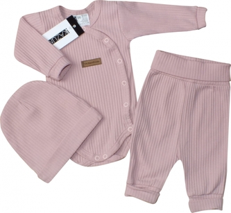 Žebrované zavinovací body, tepláčky a čepička Kazum 3D bavlněná sada,pudrově růžová,vel.68; 68 (3-6m)