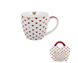 Kubek 460 ml w "koszyczku" CZERWONE SERDUSZKA (sprzedaż w zestawach po 4 szt.)