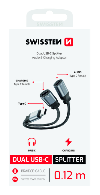 NABÍJECÍ AUDIO ADAPTÉR SWISSTEN TEXTILE USB-C (samec) / 2x USB-C (samice) 0,12 M ČERNÝ