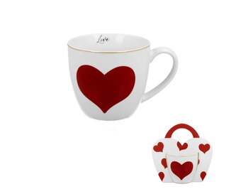Kubek 460 ml w "koszyczku" CZERWONE SERCE (sprzedaż w zestawach po 4 szt.)