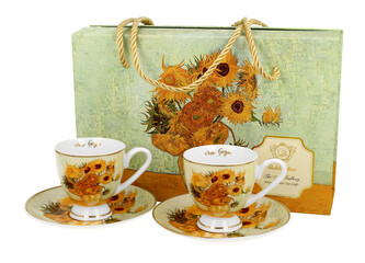 2 filiżanki espresso ze spodkami SUNFLOWERS inspired by  Van Gogh - Golden Line