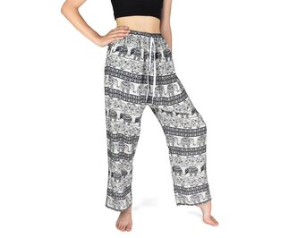 Kalhoty jóga KANDA, krémové, sloni, tmavě modrý potisk L