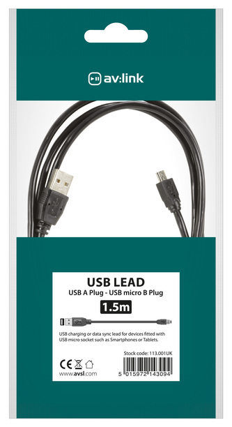 AV:link kabel USB 2.0, 1x typ A samec - 1x mikro 5-pin typ B samec, 1.5m