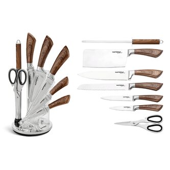 Sada kuchyňských nožů s dřevěným dekorem a se stojanem – 8 ks