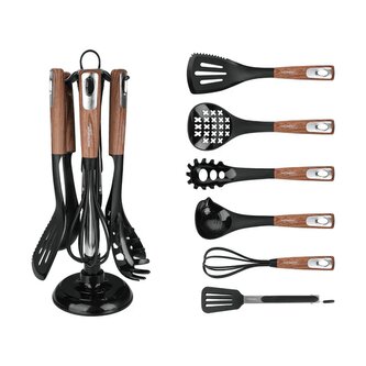 Sada kuchyňského náčiní s dřevěným efektem a stojanem – 7 ks