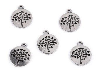Kovový přívěsek / taháček na zip strom života Ø10 mm - 5 ks - platina