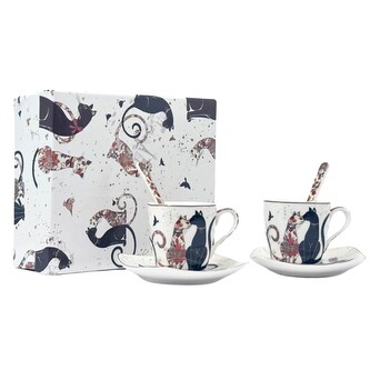 HOME ELEMENTS Šapo sada espresso 90 ml dva šálky se lžičkami, Kočky