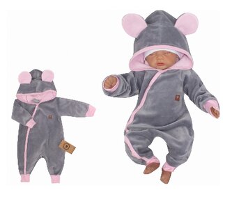 Z&Z Velurový kojenecký overálek s kapucí a oušky - šedo,růžový; 56 (1-2m)