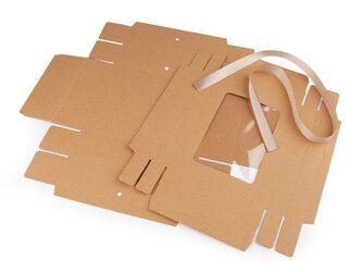 Papírová krabička s průhledem a stuhou - 5 ks - hnědá přírodní