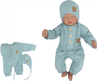 Z&Z 2-dílná soupravička žebrovaný overálek s knoflíčky a čepička, mořská modrá; 50 (0-1m)