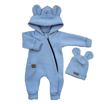 Oteplený dětský overal bez šlapek s kapucí + čepička, 2D, modrý, vel. 62; 62 (2-3m)