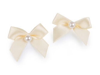 Saténová mašlička s perlou 30x35 mm - 50 ks - 4 krémová