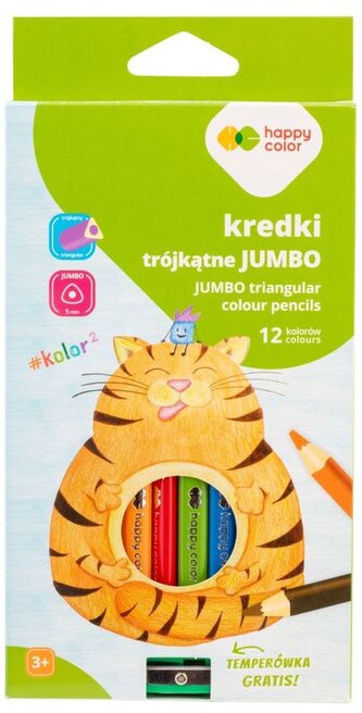 Kredki trójkątne Jumbo12-kol. + temperówka KOLOR2, Happy Color