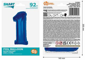 Balon foliowy Smart, cyfra 1, niebieska, 92 cm AA #BFC35, GoDan