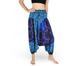 Harémové kalhoty aladin NATSU, trojzubec s květy, modro-fialová, se šňůrkou, květy v pase